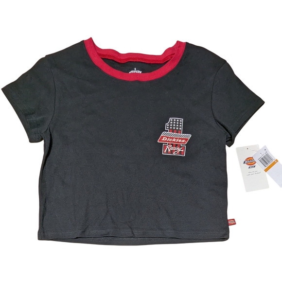 Dickies Racing Black Crew Neck Short Sleeve Tee Retro Crop Top T-shirt Juniors L - Picture 1 of 8